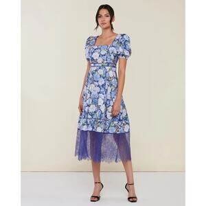 [Rachel Parcell] Blue Floral Puff Sleeve Lace Trim Spring Midi Dress NWT Size 8